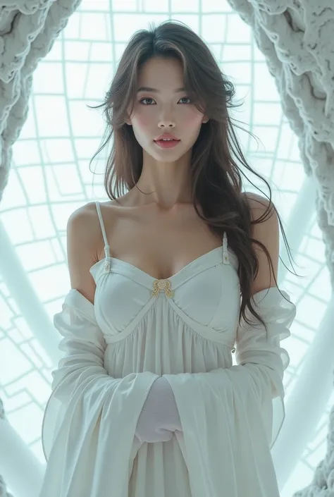 a woman with long hair wearing a white top and gloves on her chest and a white background with a white diamond pattern, Du Qiong, rococo, white background, a marble sculpture

