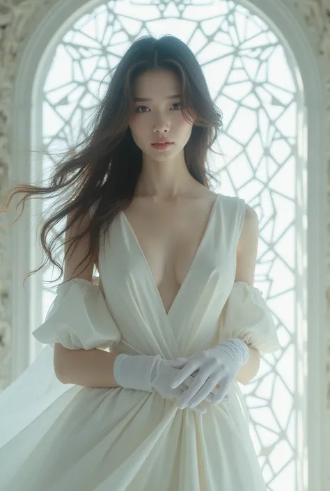 a woman with long hair wearing a white top and gloves on her chest and a white background with a white diamond pattern, Du Qiong, rococo, white background, a marble sculpture

