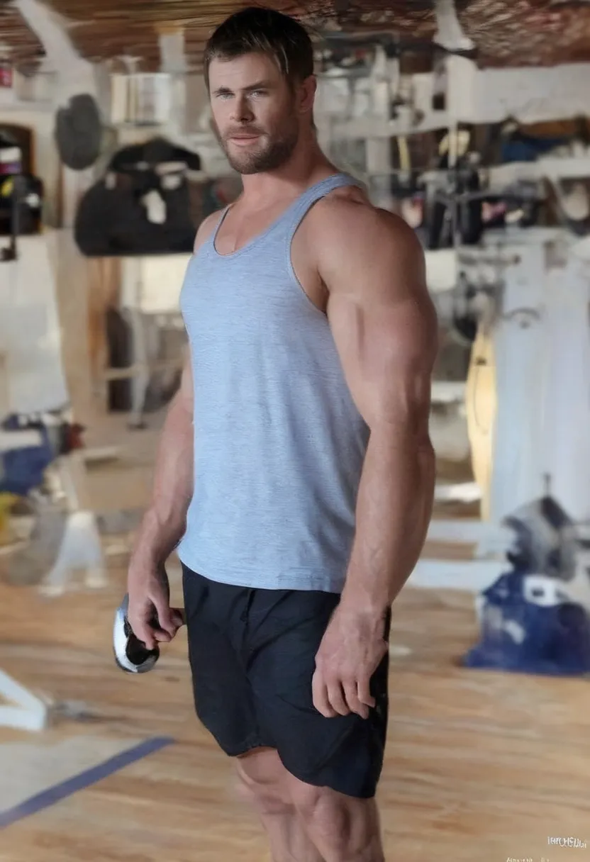 Thor alone in the gym, buzz cut, beard, stringer tanktop, gym short, muscular, muscles, broad shoulders, massive pecs, sweaty, hairy chest, glazed eyes, blank expression, vacant stare, hypnotized, brainwashed, focused, High Resolution