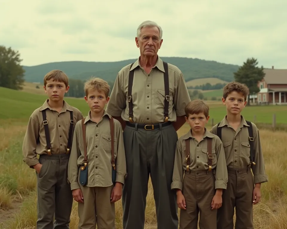 Cinematic frame depicting Henry Ford as a boy like his older brother and his five siblings on a farm 
 With his father 