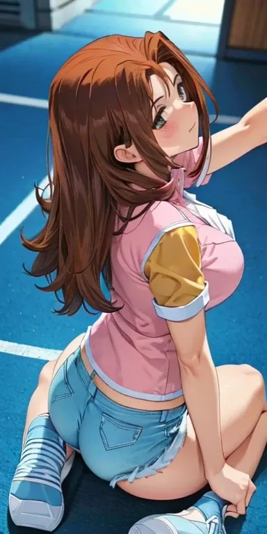  1 female, high definition,High resolution,  ultra-realistic  ,8K, serenidaddm ,  long hair,  brown hair,   pink shirt , blue shorts,  gray eyes, city,  blue sneakers , big breasts,European,sexy, Close-up of the upper body,  photographed from the front , D...