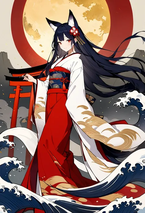 (masterpiece, best quality),ukiyo-e style,mystical fox-eared girl in elegant white and red kimono, standing , glowing golden moon. Senbon Torii. Her long flowing hair blends into swirling ink and gold dust, creating an ethereal, sumi-e style painting. The ...