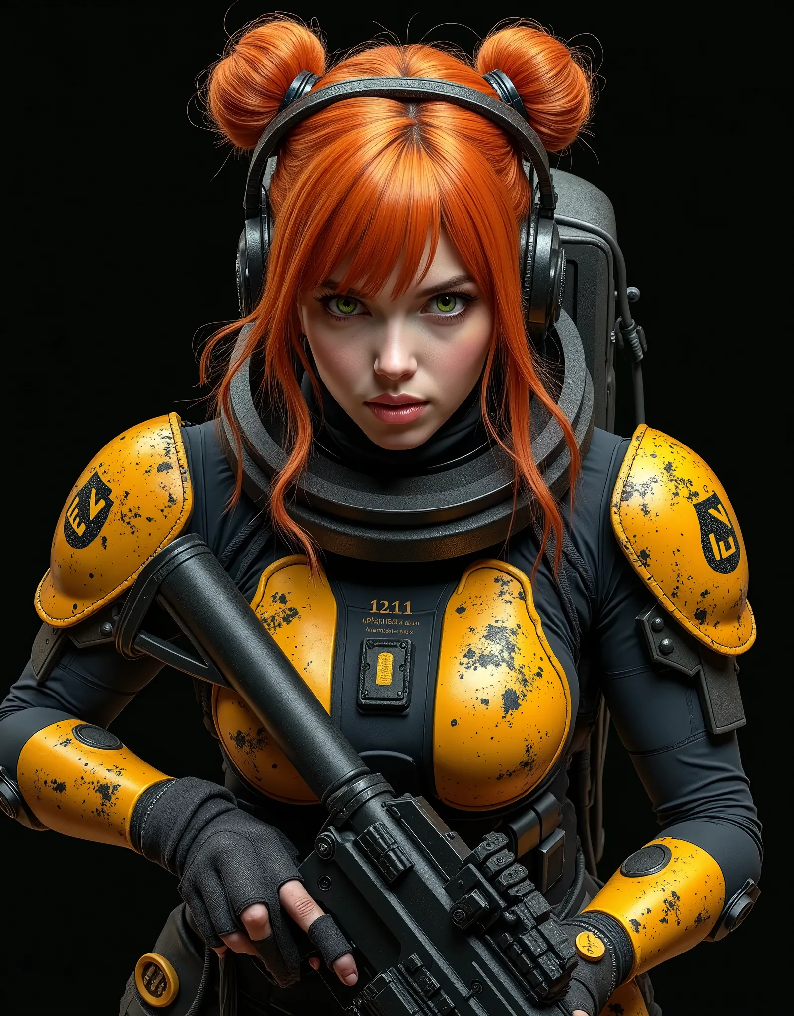 Full general shot of the whole body in a top dive, looks at the viewer, very technological, perfect image, 8k, of a woman with orange-red hair with two buns tied on the sides of her head, very long and wavy hair, with bangs, very detailed green eyes, thick...