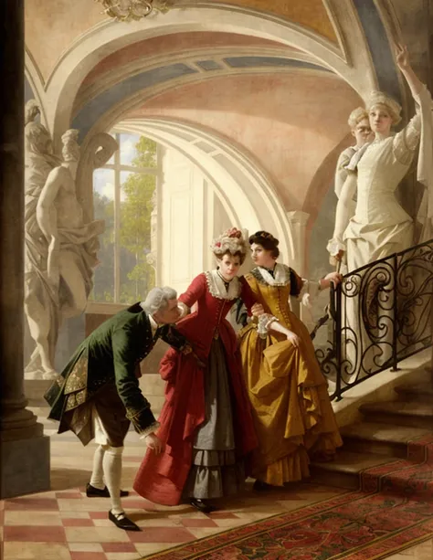 painting of a group of people in elegant clothes, standing on the stairs, Jehan Georges Vibert, Emanuel Lötze, by Stanislav Lepin, by Carl Frederik von Breda, Eugene von Guerard, , by Georg Friedrich Schmidt, Eduard von Grutzner,  rococo art ,  18th centur...