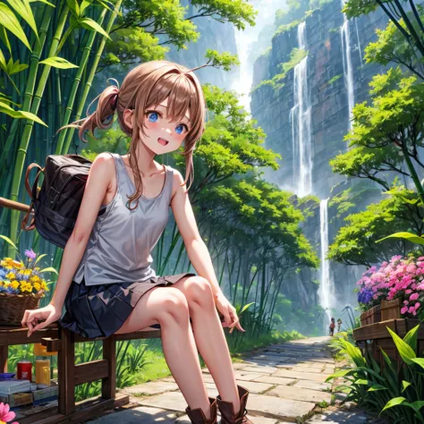 pink brown brown gold hair、  blue eyes、  Has hair tied  、Two cute people、  check mini skirt、  black t-shirt、 Light clothing、 tank top、 camisole、 high socks、 Boots、 teeth inside、  The Road Is Crooked 、Mountain々、Stick together  、 bamboo forest、 chest pocket ...