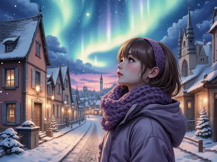 A realistic hyper-detailed painting of a young girl wrapped in a thick winter coat, scarf, and gloves, standing on a snowy cobblestone street, gazing up in awe at a mesmerizing aurora stretching across the night sky. The soft glow of the celestial lights r...