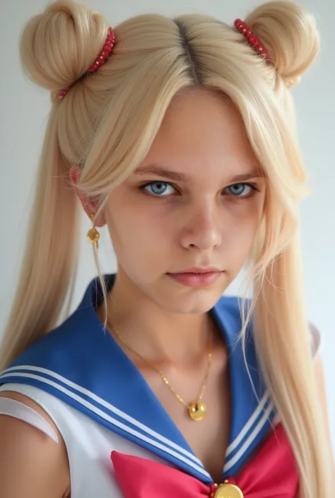 Make me Sailor Moon makeup, make me blond hair and hair style like Sailor Moon, and add her jewelry 