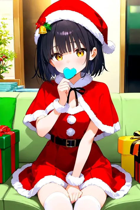  girl、 christmas、 Santa costume、 living room 、 christmas仕様、 I'm shy、 hand over a present