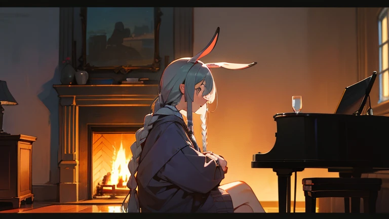 1 girl, solo,  long hair, Grey Hair,  long braids,  droopy rabbit ears , profile、Barely、fireplace、 twilight 、 warm room、lofi