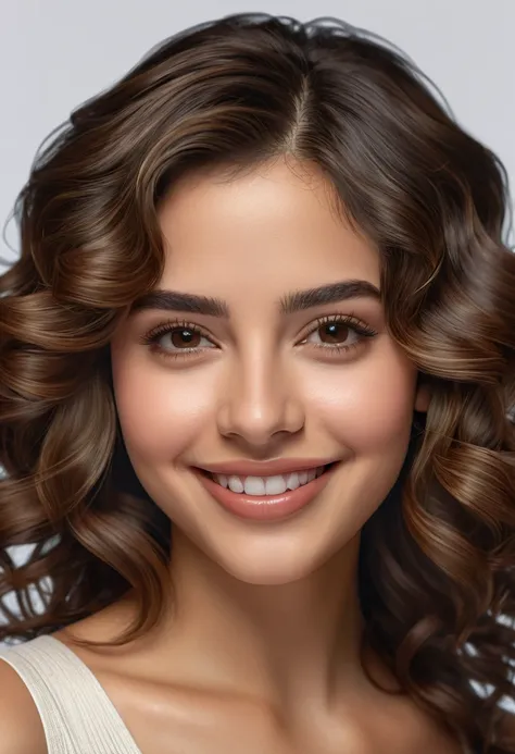 a beautiful young latina woman, 23 years old, wavy brown medium length hair, charming smile, plump lips, (best quality,4k,8k,highres,masterpiece:1.2),ultra-detailed,(realistic,photorealistic,photo-realistic:1.37),detailed facial features, intricate hairsty...