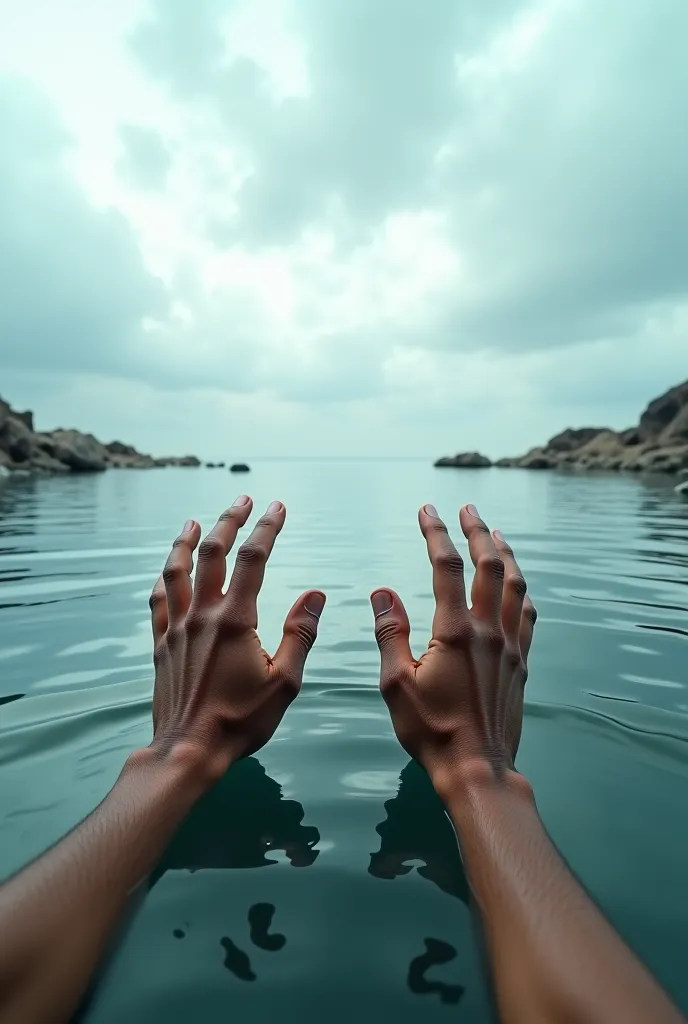 POV: You are Jesus looking out over the vast expanse of water after the Flood. Your hands appear in front of you, touching the water that reflects a cloudy sky. Debris from ancient civilizations floats in the distance. 