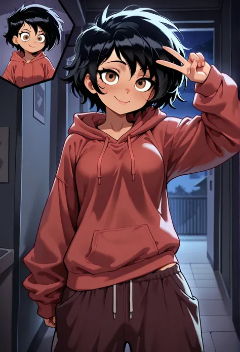 masterpiece,best quality,absurdres, (close-up:1.2), 1girl, dani phantom, petite, medium breasts, hips, short hair, black hair, messy hair, disheveled clothes, brown eyes, ((red baggy hoodie)), ((baggy black sweatpants)), ((oversized clothes)), v, smile, cl...