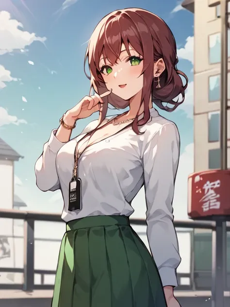  score_9,  score_8_ up,  score_7_ up,  score_６,  score_5_ up,  score_4_ up，  anime break ，nsfw，  uncensored，Anime,  Japanese,  college student ,  beautiful,  blanking, Friendly Expression , elegant maroon-colored clothes and olive green skirt,  young woman...