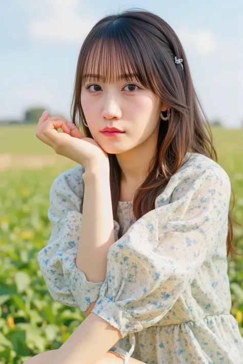 16yo cute supermodel, January,(Daffodil: Yellow trumpet with white petals flowers all over the place, flower field), winter wool socks and knee-length down-filled coat, tight skirt, dynamic posing, reflection, looking to viewer, floral print, cloud, bangs,...