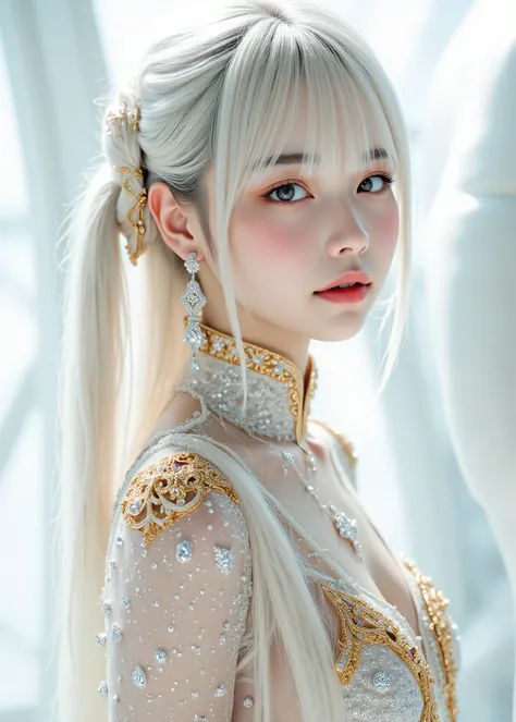 ( full body photo:1.5), white variant girl 、 sparkling eyes and hair 、 platinum jewels , futuristic digital , Realistic sci-fi , light on the side, goldsmithing filigree, diamonds , Mysterious, Foggy, holographic, white sky on the background , glitte...
