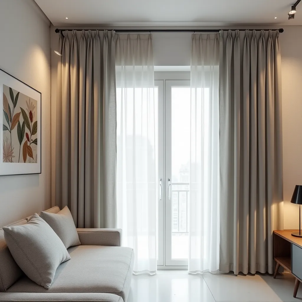  The image shows a modern and elegant living room , with a set of long ,  of gauze linen and without lining and fluids in a light gray tone, The bar is perfect when reaching the floor ,  without folding made of translucent fabric,  that cover the entire le...