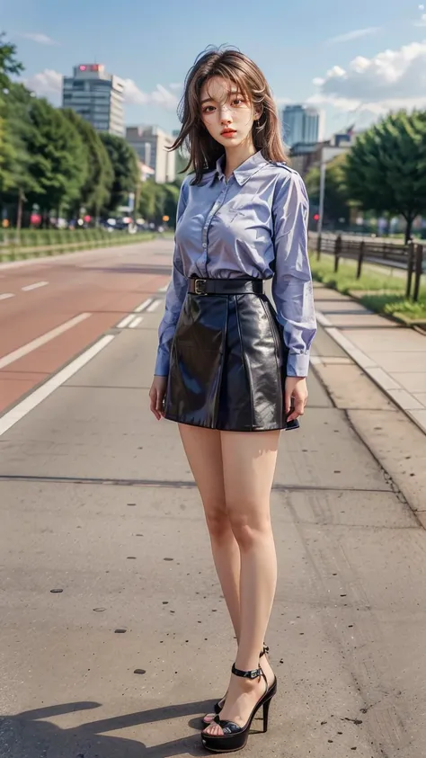 beautiful Japanese woman, 22 years old, perfect anatomy, healthy thighs, beautiful legs, beautiful skin, random hair color, random hairstyle, large breasts, female police officer, (Japanese police uniform:1.3), (miniskirt:1.3), (she is standing:1.2), full ...