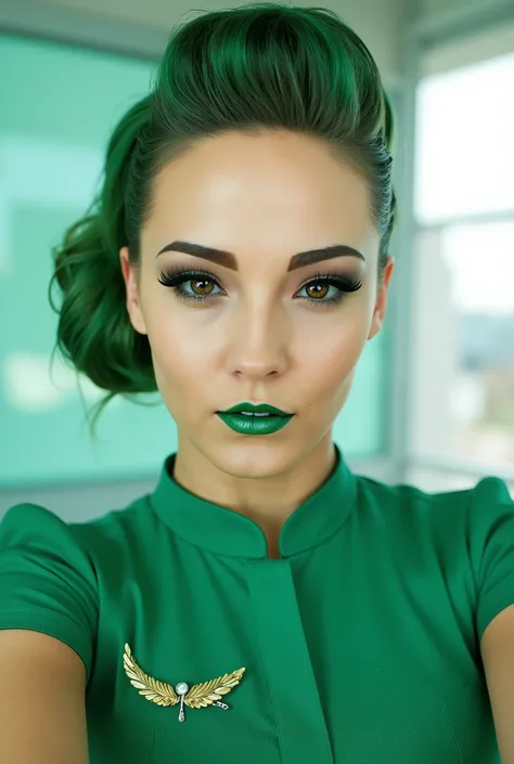 stewardess in uniform. green hair tied in a bun. very long eyelashes. green lipstick big blue eyes.bright studio light