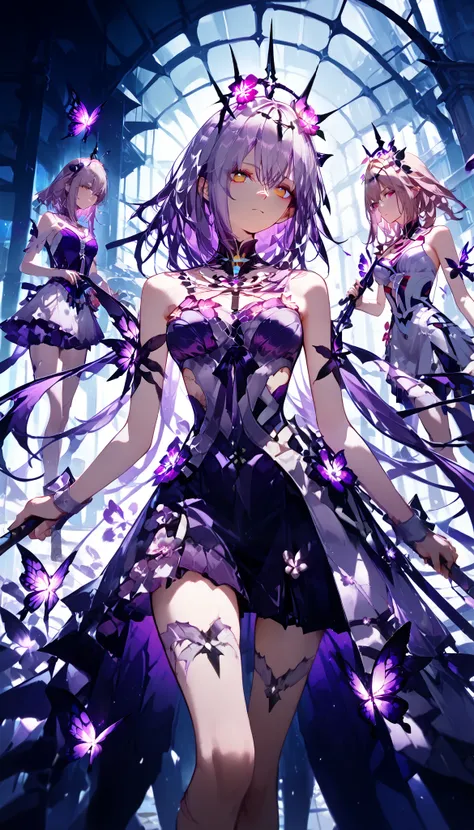 Honkai: Star Rail ‌ Melody Muze, holding the Grim Reaper's scythe in his hand, cuts the sky open, a group of purple butterflies fly out, and there are many flowers burnt by fire on the ground