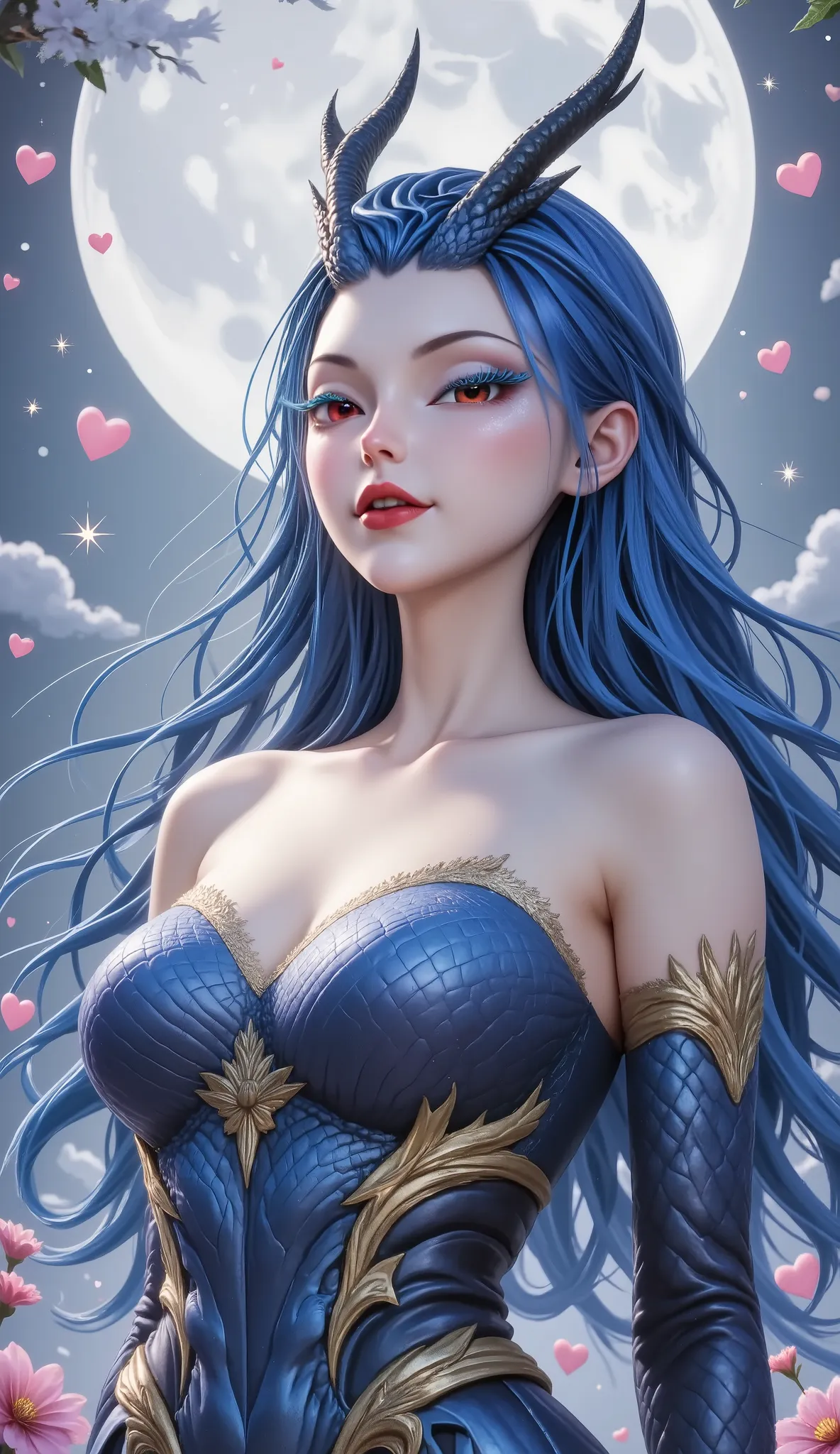  Beautiful dragon girl  ，  red eyes，Blue eyelashes，  red lips， Smile， long blue hair，Dragon Horn。moon，放龙，   strapless 。  blue and gold  。， cute illustration ,Valentine&#39;s Day,(Score_8_up, 1 Girl,  alone, Score_9, Francine ,  watch the audience , shirt, ...