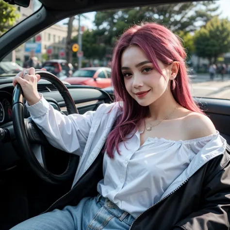 (  masterpiece , best quality),  1girl   sitting in a car ,  1girl  , jewelry, smile  , looking at viewer,  car interior, Alone,Pink hair,   Purple eyes ,  steering wheel ,  blush,  long hair,  white shirt,  off the shoulders ,  black jacket , hair between...