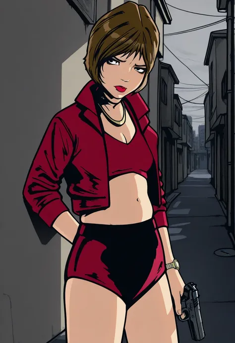  masterpiece, 最 high quality,  high quality, gtaiii, 1 girl,  brown hair,  short hair , lipstick,  moles, chest, 
chest元,  red jacket,  red crop top holding a handgun , belly button,  red shorts, 
Watch viewers,  place your hands on your lower back, 手銃を持って...