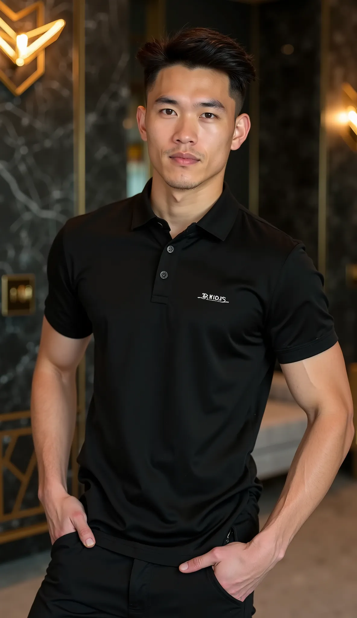 A young man with an athletic body, poses casually while holding the hem of his shirt, wearing a black polo shirt with a short zipper at the neck and a small logo on the left chest in front of his shirt there is a small inscription of embroidery "RMDS", as ...