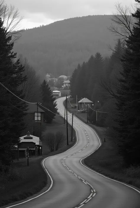 1. United States of America, Pleasent Park, Vermont, 1960. 2. Town of Pleasent Park Vermont surrounded by forest and with a road to enter the town since 1960. 3. View of the town at noon in 1960. 4. at night, with lights on in the houses and on the lamppos...