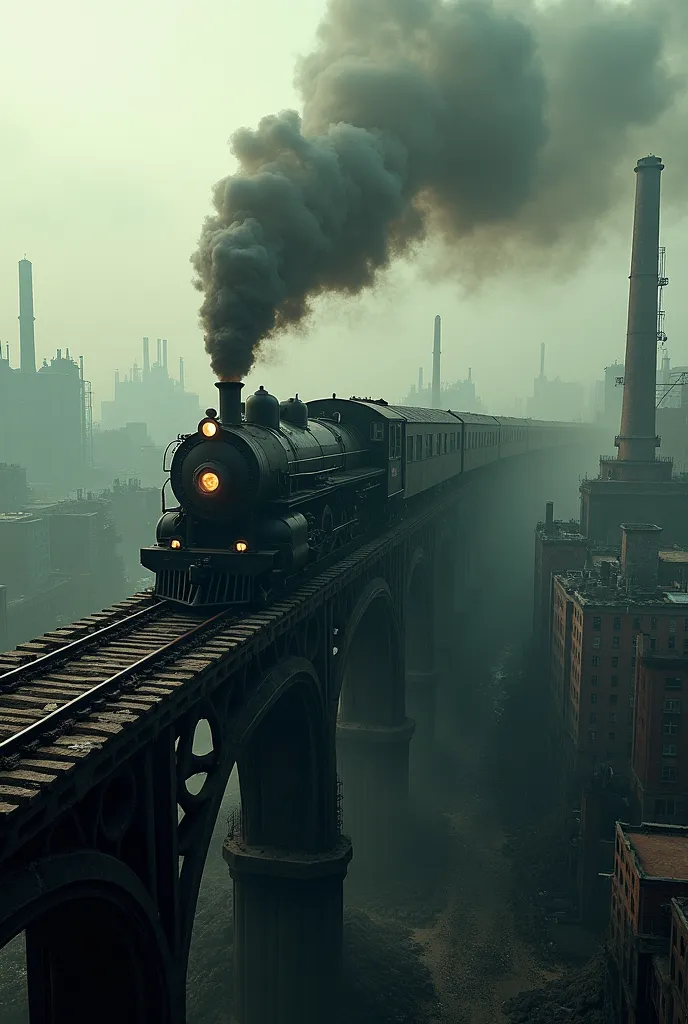 side view of a train passing on a bridge above the Gothic city, dilapidated buildings overhang the bridge, wide shot, smoke, old factories, noxious atmosphere