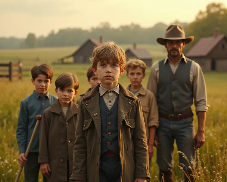 Cinematic frame depicting Henry Ford as a boy like his older brother with his other five siblings and his father's farm near the city of Detroit in 1870