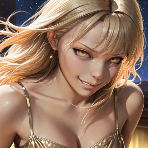 a beautiful girl with flowing golden blonde hair, bright yellow eyes, wearing a golden imperial dress, dramatic angle, smirking expression, anime style, against a starry night sky background, (best quality,4k,8k,highres,masterpiece:1.2),ultra-detailed,(rea...