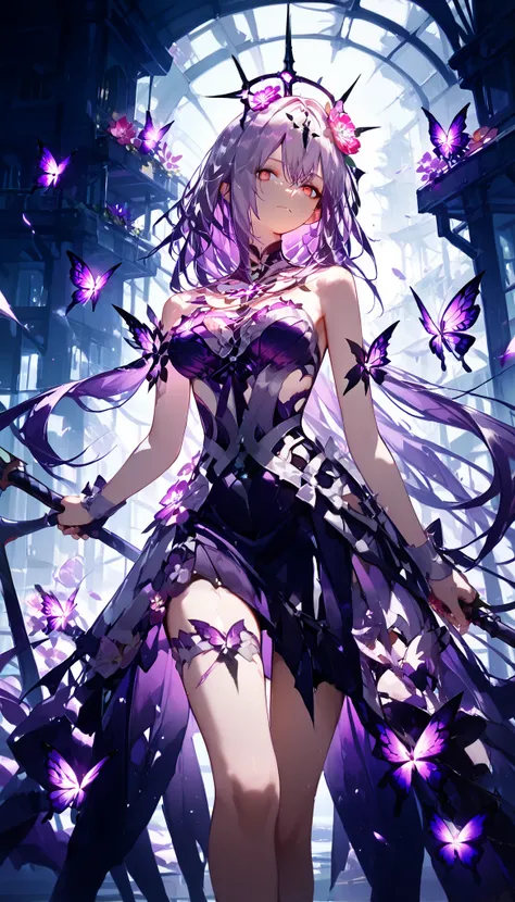 Honkai: Star Rail ‌ Melody Muze, holding the Grim Reaper's scythe in his hand, cuts the sky open, a group of purple butterflies fly out, and there are many flowers burnt by fire on the ground