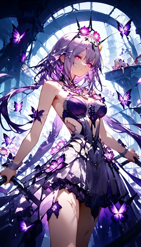 Honkai: Star Rail ‌ Melody Muze, holding the Grim Reaper's scythe in his hand, cuts the sky open, a group of purple butterflies fly out, and there are many flowers burnt by fire on the ground
