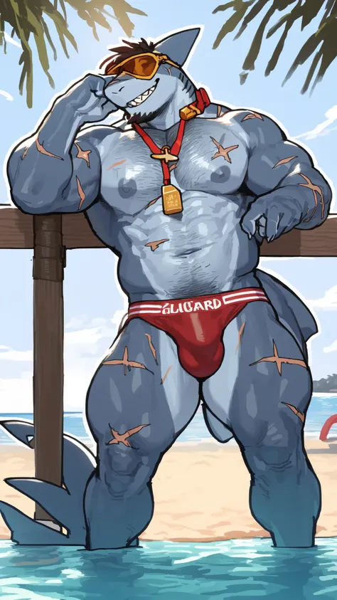 bara shark, (((solo))), grey blue skin, tall, rugged face, large jaws, testosterone, full body, very muscular, perfect anatomy, masterpiece, short scruffy beard,  hairy chest, strong jaw, hairy pectorals, hairy forearms, solo, great lighting, by bebebebe, ...