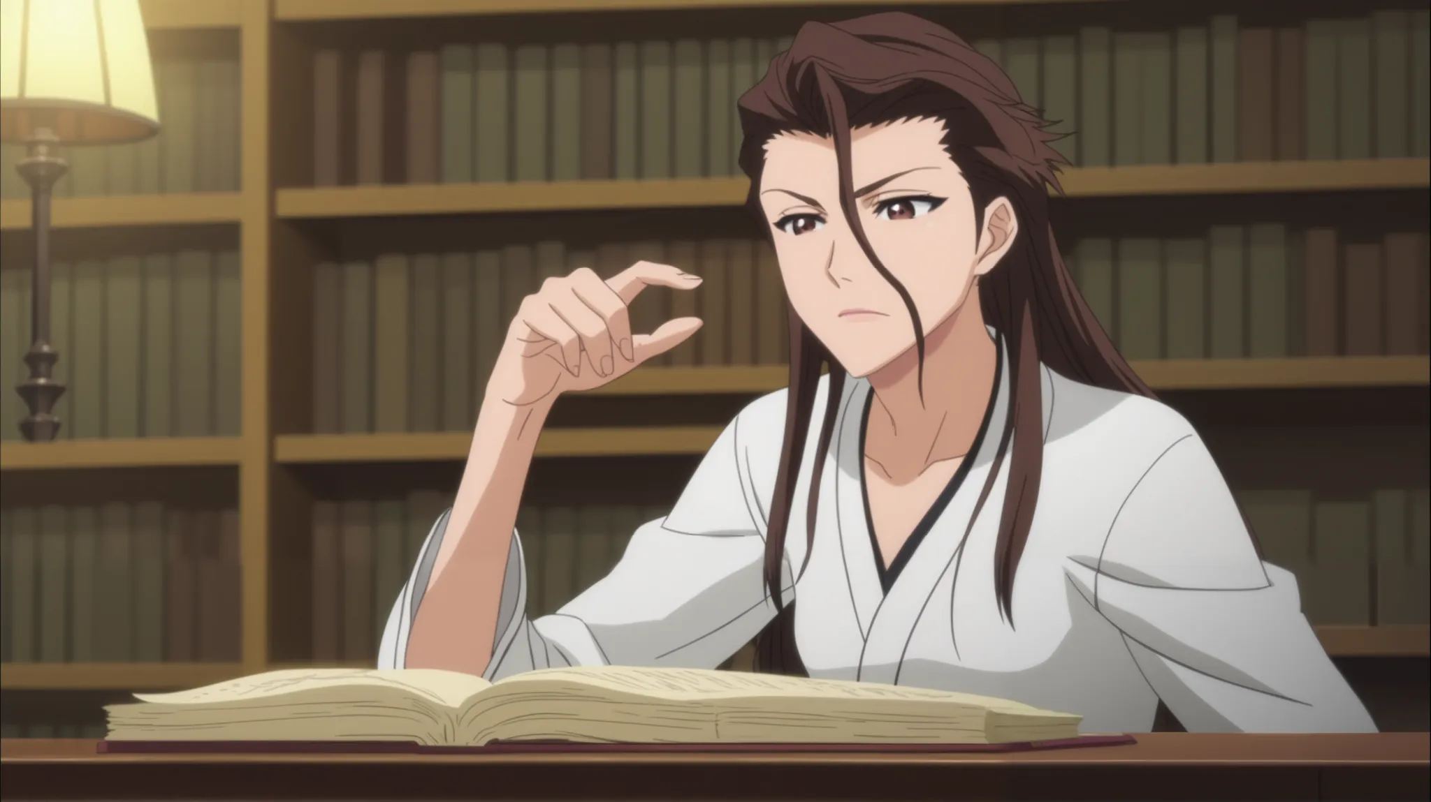 score_9, score_8_up, score_7_up, , rating_safe, , anime screencap, anime coloring, official style, , 1girl, solo, female focus, sousuke_aizen, brown hair, brown eyes, long hair, hair between eyes, hair slicked back, modern library, towering bookshelves, co...