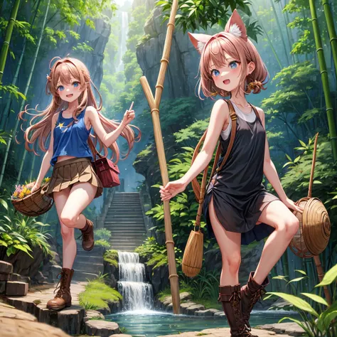 pink brown brown gold hair、  blue eyes、  Has hair tied  、Two cute people、  check mini skirt、  black t-shirt、 Light clothing、 tank top、 camisole、 high socks、 Boots、 teeth inside、  The Road Is Crooked 、Mountain々、Stick together  、 bamboo forest、 chest pocket ...