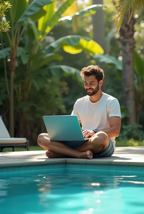 Digital nomad man next to the pool. Relaxing and comfortable atmosphere. The most realistic picture  