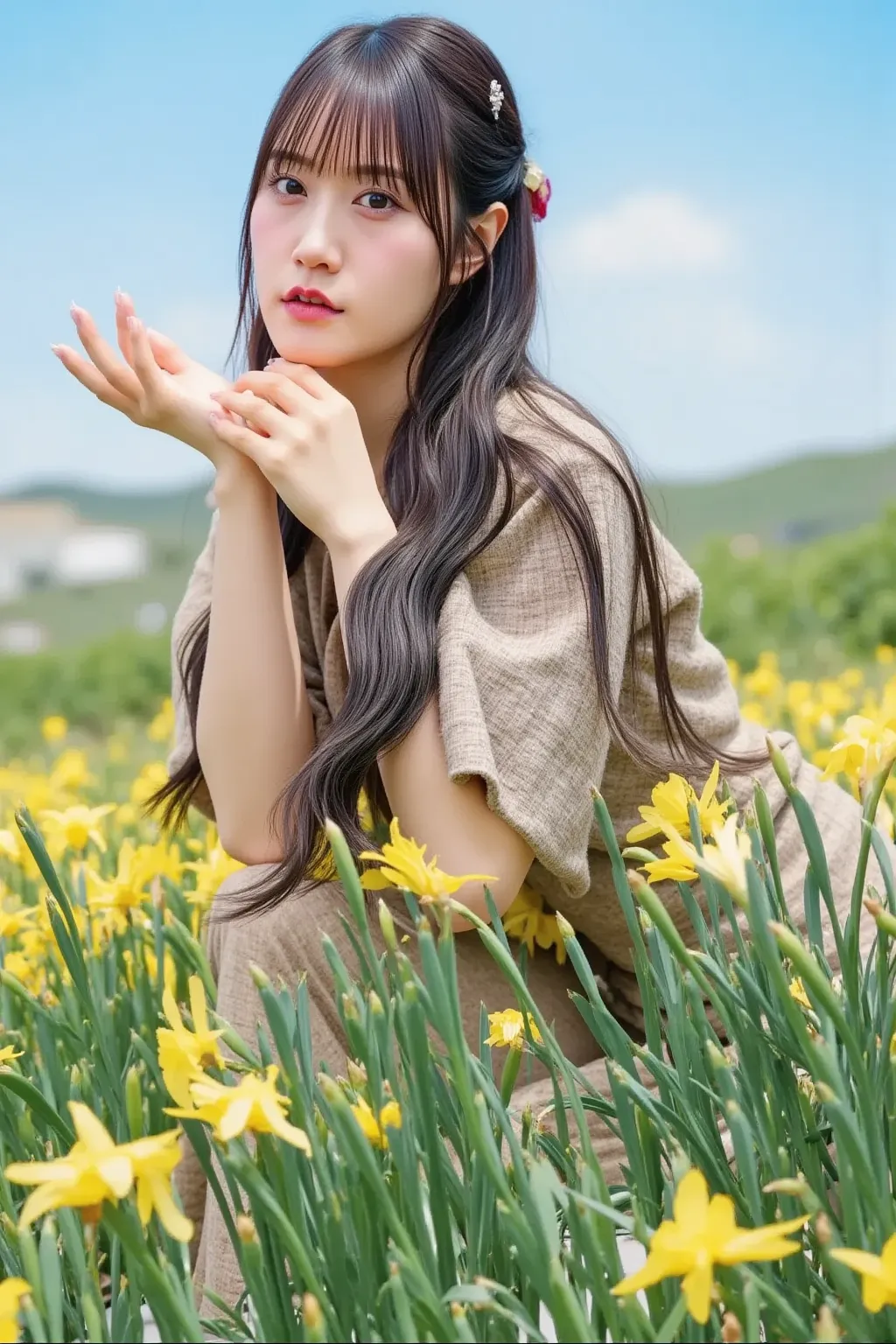 16yo cute supermodel, January,(Daffodil: Yellow trumpet with white petals flowers all over the place, flower field), winter wool socks and knee-length down-filled coat, tight skirt, dynamic posing, reflection, looking to viewer, floral print, cloud, bangs,...