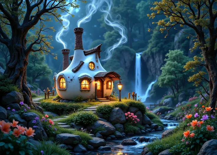  Fairyland 、big white coffee cup house、 can see the light from the window 、 smoke gushing white、Spring flowers、A stream flows、 The waterfall can be seen in the back 、 small arcuate bridge 、 in the forest at night、 realistic 3d render 