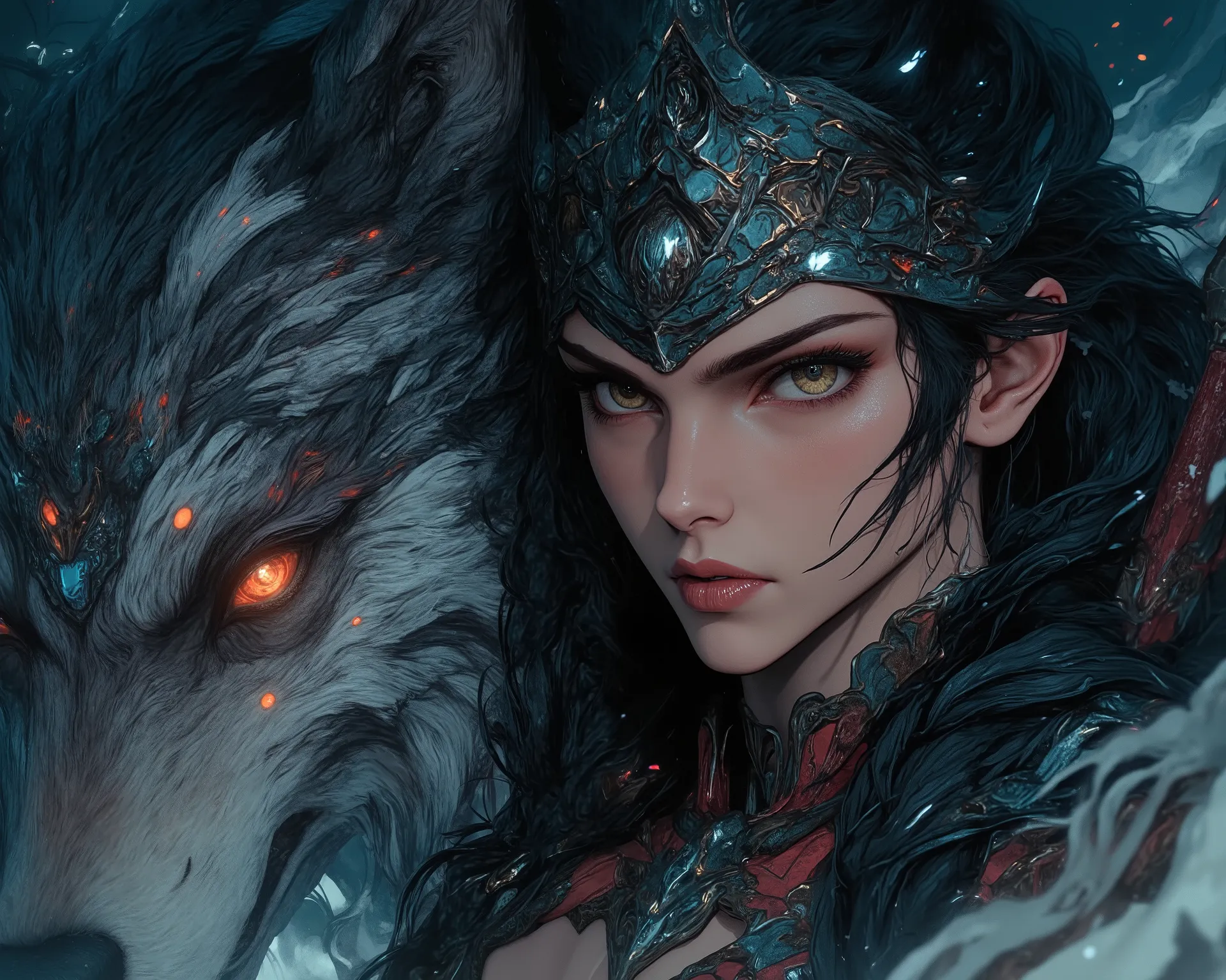 a highly detailed, extremely realistic 1girl, beautiful detailed eyes, beautiful detailed lips, extremely detailed face and eyes, long eyelashes, assassin archer, side by side with an enormous wolf, cinematic lighting, dramatic atmosphere, vibrant colors, ...