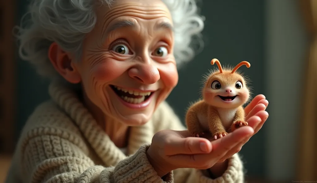 A very happy elderly woman with deep wrinkles and bright eyes gently holds a small monster in the palm of her hand. The little monster is a fusion between a human baby and a caterpillar, with soft skin, small hands and a segmented, slightly furry body. The...