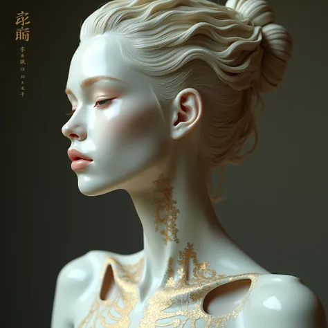  Super High Definition,Greatest Masterpiece,16k, very very very ,Historic Masterpieces,Pottery with Pure White Skin,gold tattoo that looks like it's cracked,fusion of pottery and humans,Humanization of Pottery,shiny and shiny porcelain skin,Detailed hair o...