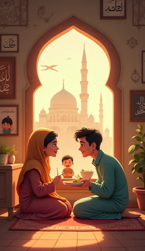 .Shahzadi and Ahmed Faqeer sitting in a cozy, modest home filled with warmth and simplicity. They smile at each other while sharing food. The room is decorated with Islamic calligraphy on the walls. Outside the window, ren play happily, and a mosque stands...