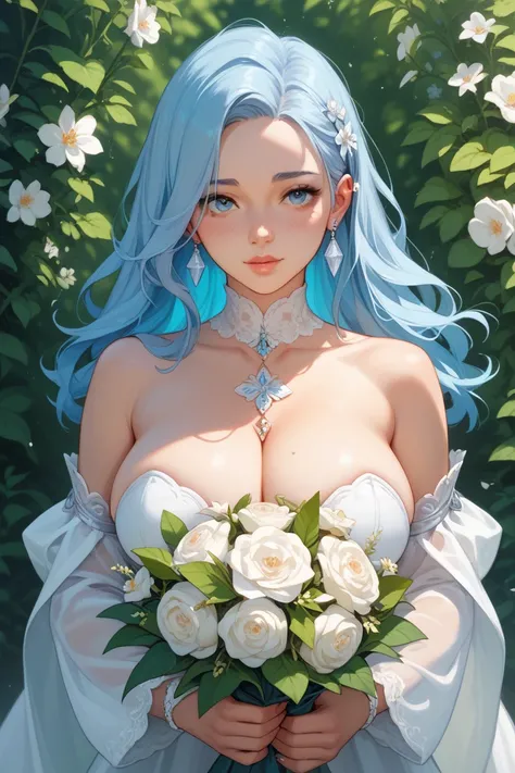 Light blue hair growing to the waist、A girl about  who doesn't have that big breasts、It looks like she is shedding tears while holding a bouquet of flowers under her chest with both hands。