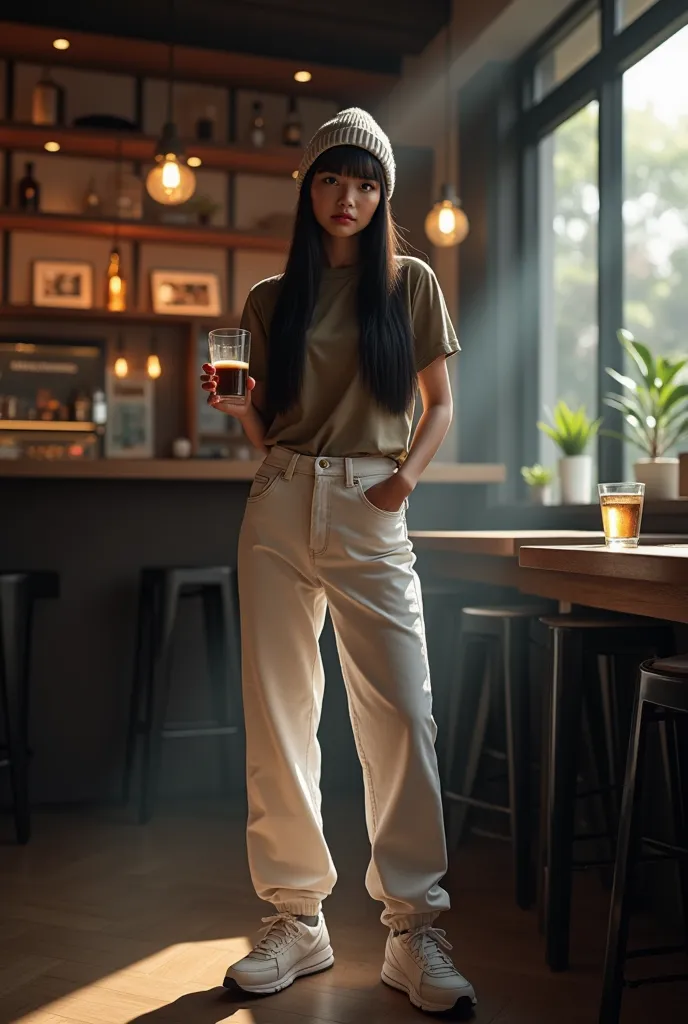 A beautiful white-faced Indonesian woman with a sharp and charming facial expression , long straight hair black wear beanie hat wear casual longline t-shirt white longline jeans baggy looss shoes sneakers stand in cafe while posing holding a glass of hot c...