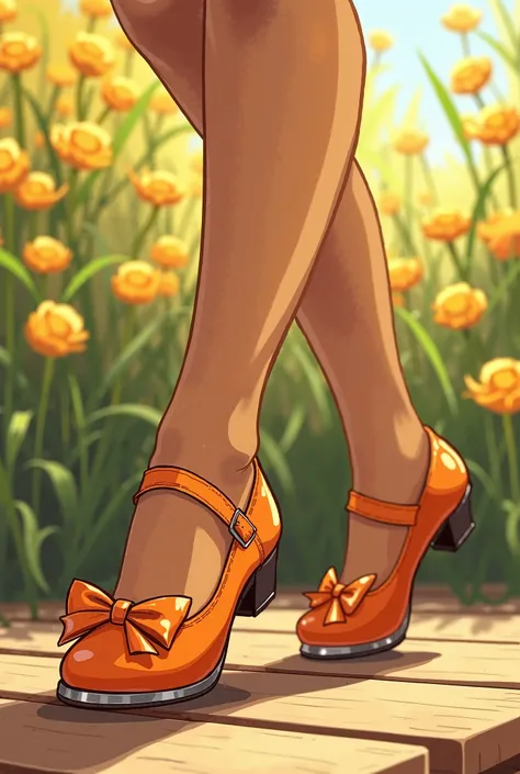 Tip: a lovely spring outing surrounded by beautiful yellow flowers and nature.. The illustration is a high definition illustration with 4k resolution., with highly detailed facial features and cartoon style visuals, close up of a woman’s feet wearing orang...