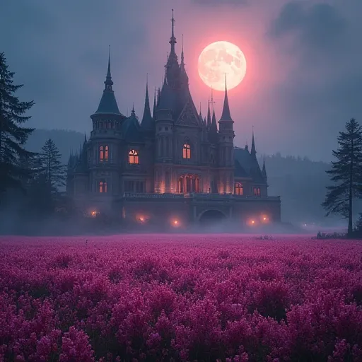 A magnificent and beautiful palace, the night, palace with a view of a pink flower field at night,  the beautiful moon illuminates the castle and flower garden , palace. very majestic and beautiful , very large and magnificent palace,  In a beautiful fores...