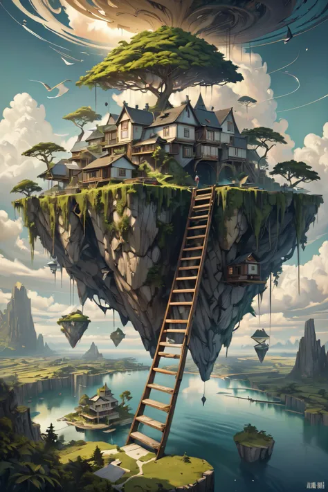  surreal,Floating island ,Realistic painting style,ladder,, ( masterpiece, 最 high quality,  high quality, high resolution, 超high resolution),