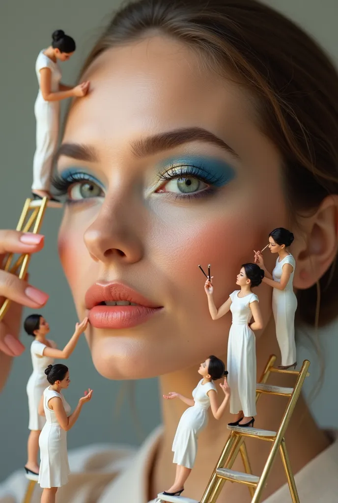 A hyper-realistic portrait of a woman with flawless skin and intricate makeup, featuring blue and gold eyeshadow and soft coral lips. Surrounding her face are miniature women in white uniforms, appearing as if they are professional makeup artists. They are...