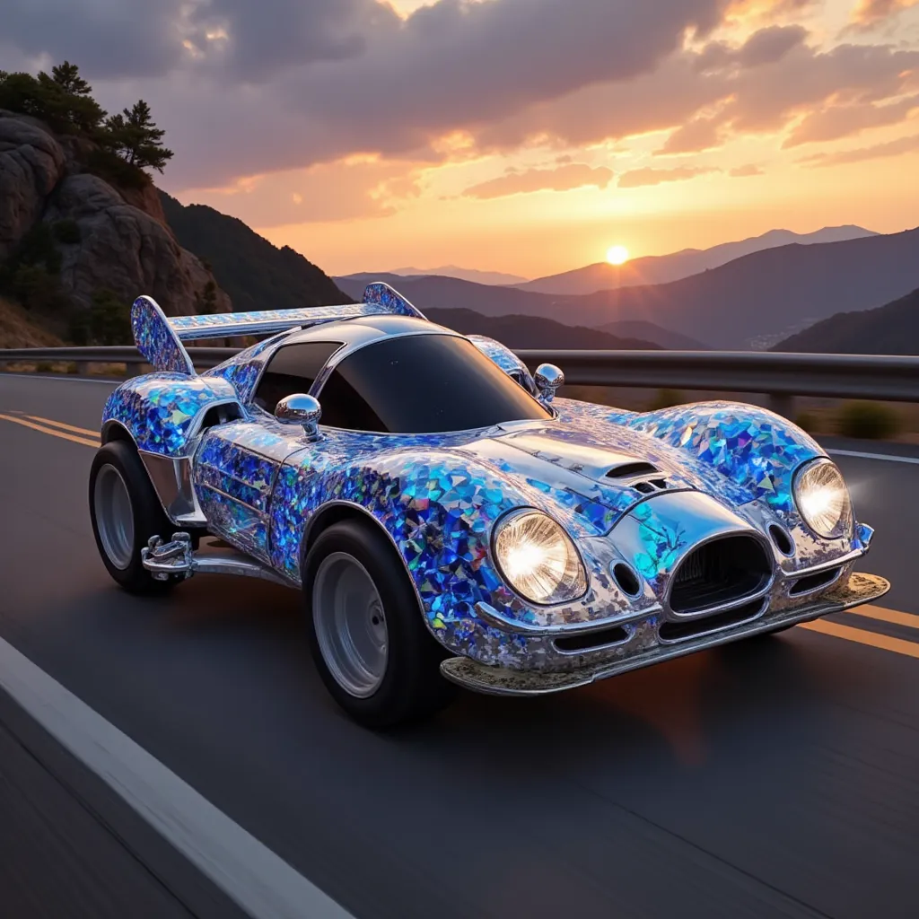 ( masterpiece,  best quality :1.2), The mini four-wheel drive is speeding at high speed，Luminescence，CRYSTAL BODY，On mountain roads，Sunset，dynamic angle ,motion blur